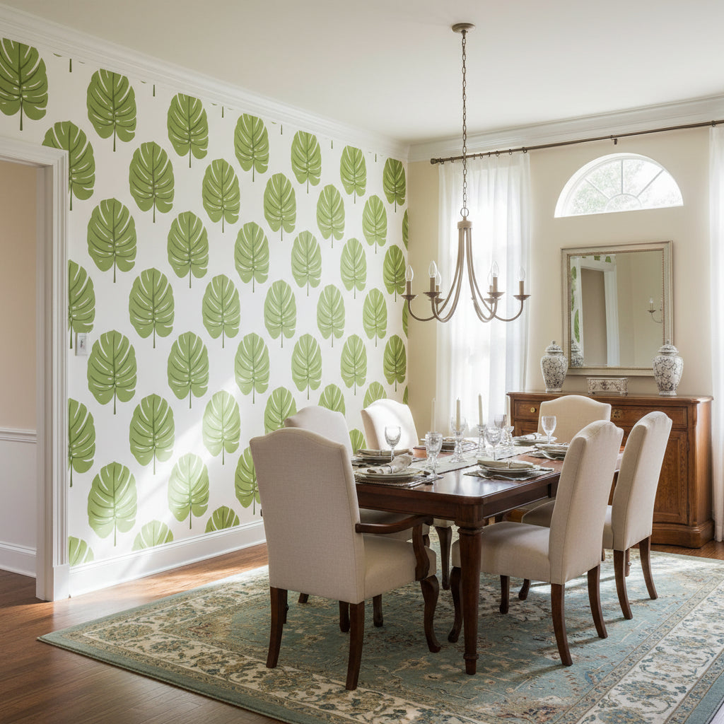 MONSTERA Apple Green | Thibaut Wallcoverings - Dining Room Visualization (AI-generated, may not be to scale. Verify pattern scale with product specifications.)