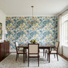 PROTEA Blue | Thibaut Wallcoverings - Dining Room Visualization (AI-generated, may not be to scale. Verify pattern scale with product specifications.)