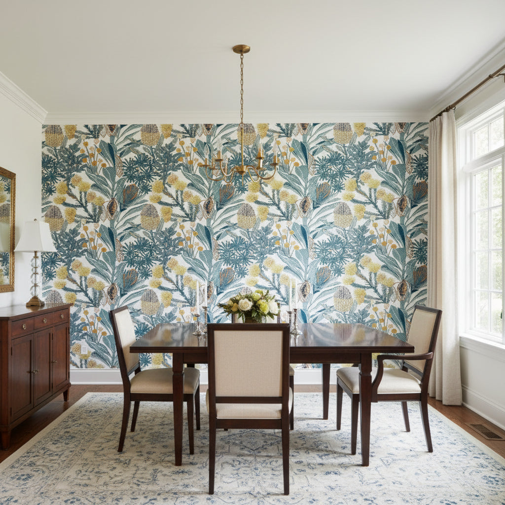 PROTEA Blue | Thibaut Wallcoverings - Dining Room Visualization (AI-generated, may not be to scale. Verify pattern scale with product specifications.)