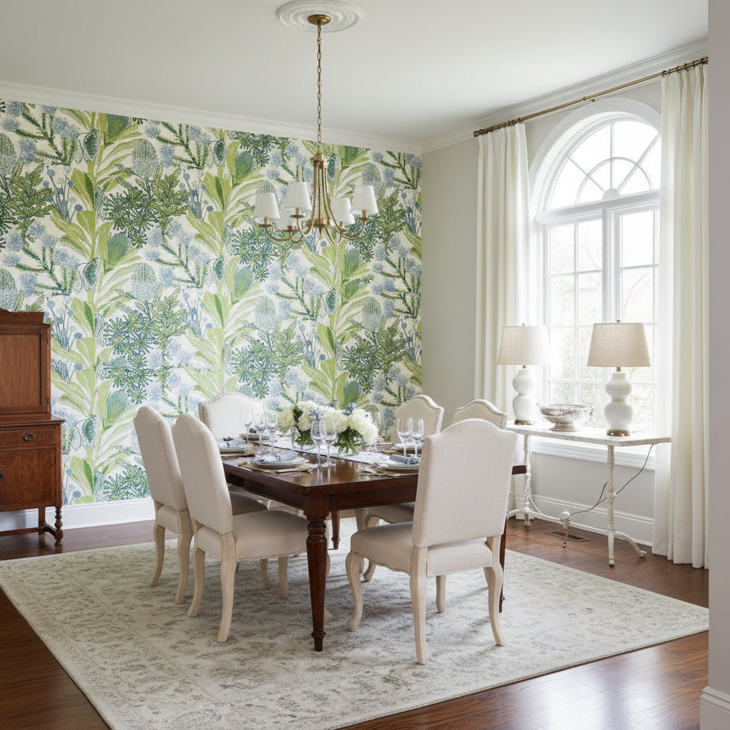 PROTEA Green and Blue | Thibaut Wallcoverings - Dining Room Visualization (AI-generated, may not be to scale. Verify pattern scale with product specifications.)
