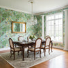 PROTEA Light Blue | Thibaut Wallcoverings - Dining Room Visualization (AI-generated, may not be to scale. Verify pattern scale with product specifications.)