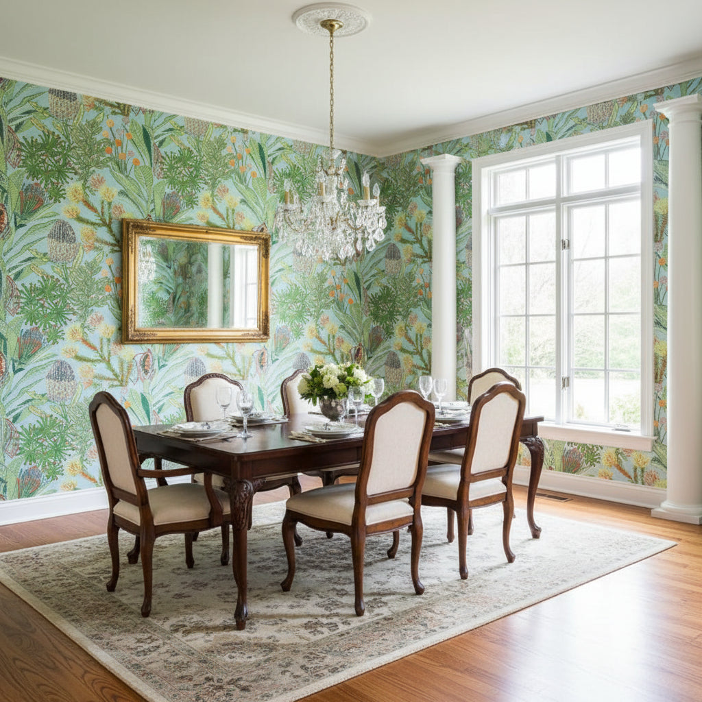 PROTEA Light Blue | Thibaut Wallcoverings - Dining Room Visualization (AI-generated, may not be to scale. Verify pattern scale with product specifications.)