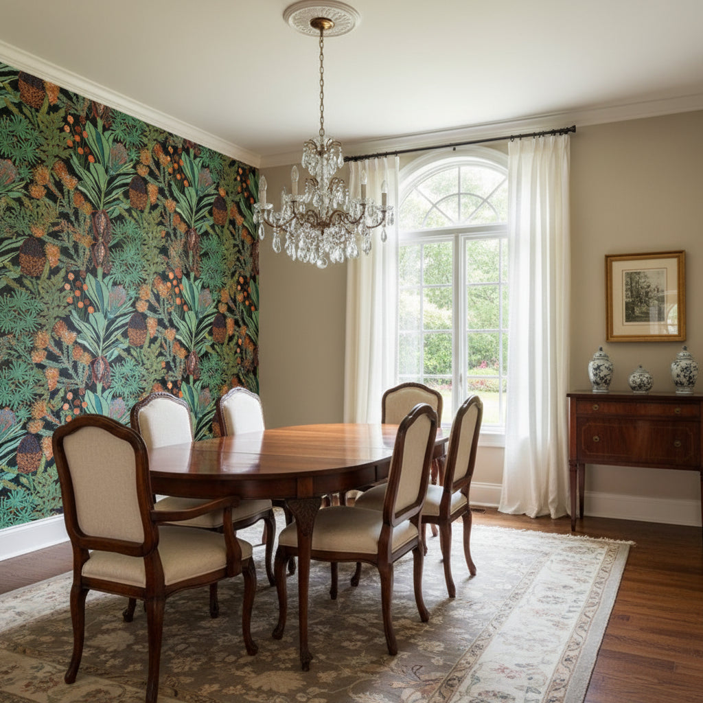 PROTEA Black | Thibaut Wallcoverings - Dining Room Visualization (AI-generated, may not be to scale. Verify pattern scale with product specifications.)