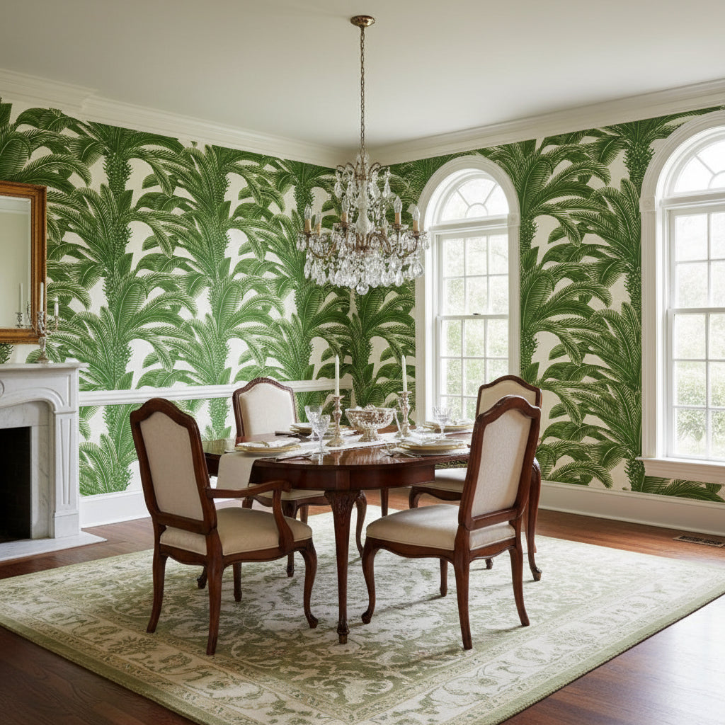 QUEEN PALM Green | Thibaut Wallcoverings - Dining Room Visualization (AI-generated, may not be to scale. Verify pattern scale with product specifications.)