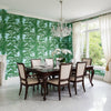 QUEEN PALM Green and Blue | Thibaut Wallcoverings - Dining Room Visualization (AI-generated, may not be to scale. Verify pattern scale with product specifications.)