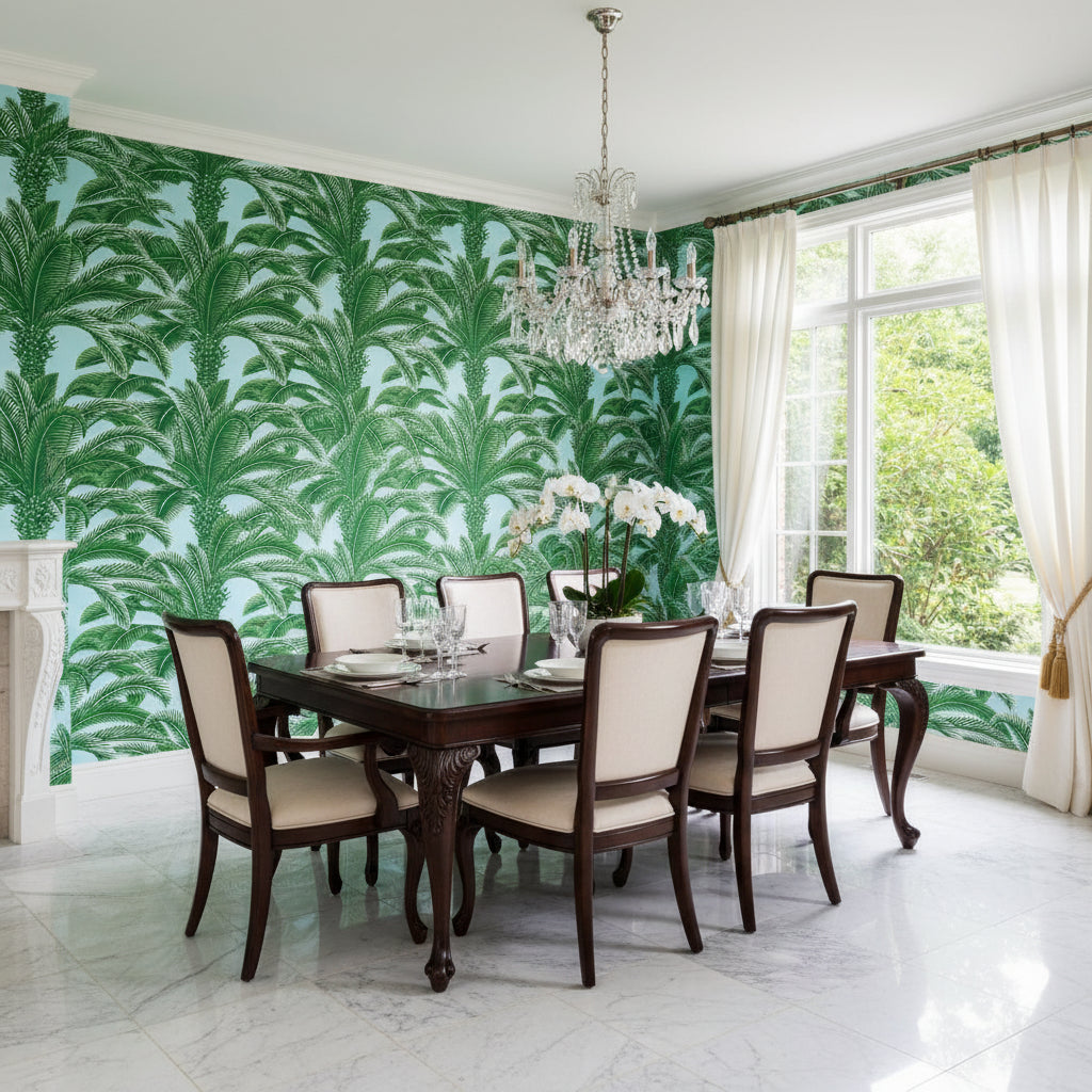 QUEEN PALM Green and Blue | Thibaut Wallcoverings - Dining Room Visualization (AI-generated, may not be to scale. Verify pattern scale with product specifications.)
