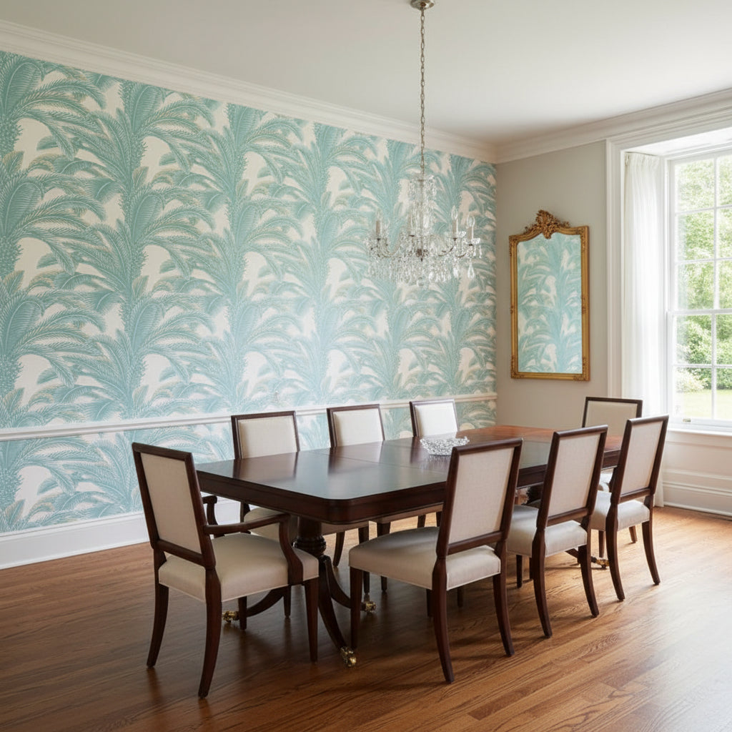 QUEEN PALM Spa Blue | Thibaut Wallcoverings - Dining Room Visualization (AI-generated, may not be to scale. Verify pattern scale with product specifications.)
