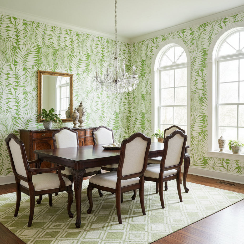 SIESTA KEY Green | Thibaut Wallcoverings - Dining Room Visualization (AI-generated, may not be to scale. Verify pattern scale with product specifications.)