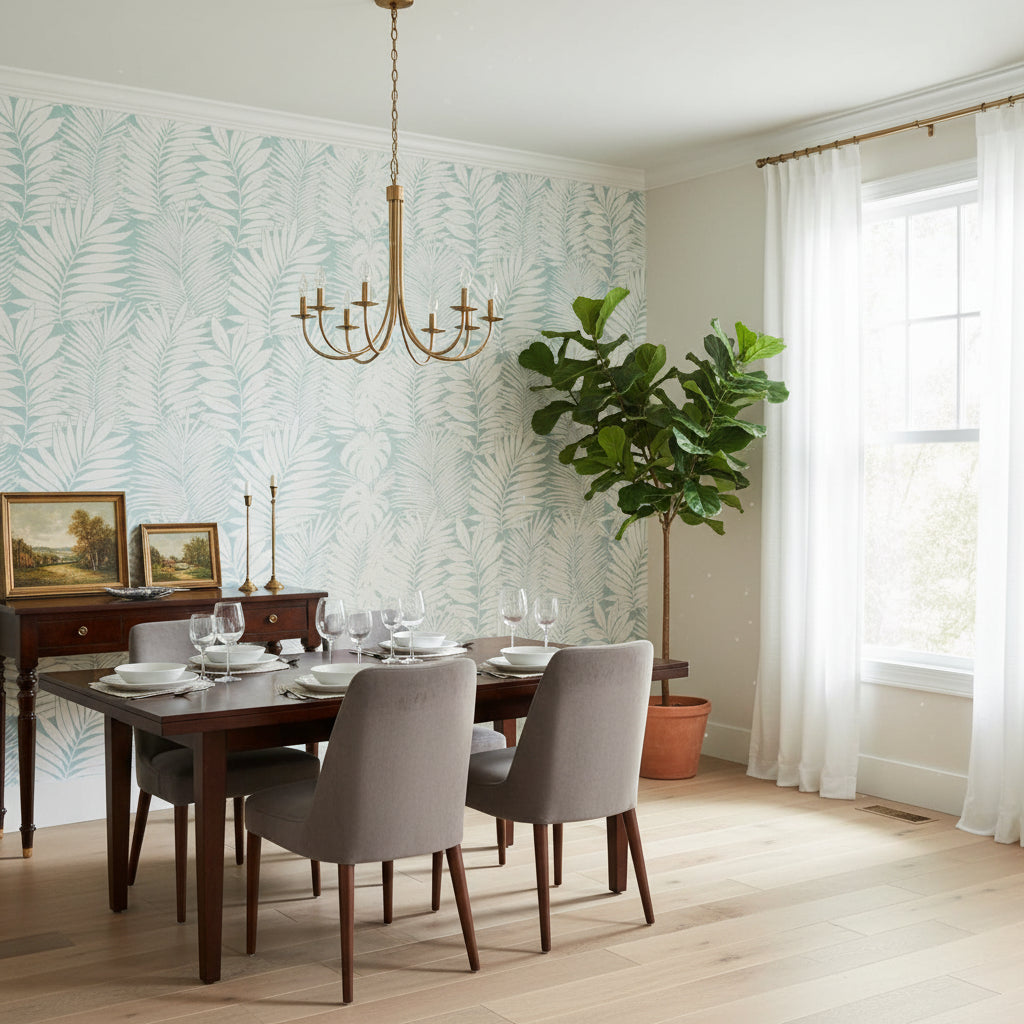 SIESTA KEY Spa Blue | Thibaut Wallcoverings - Dining Room Visualization (AI-generated, may not be to scale. Verify pattern scale with product specifications.)