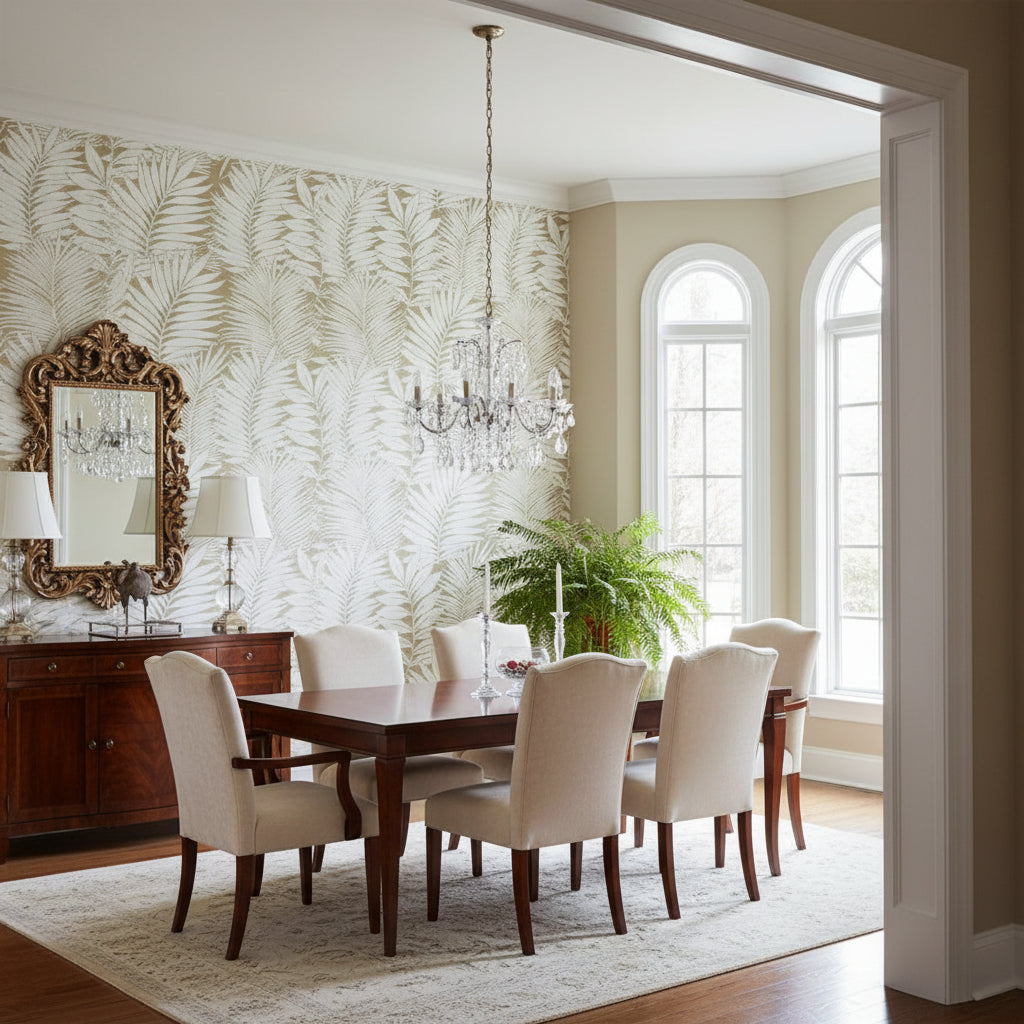 SIESTA KEY Metallic Gold | Thibaut Wallcoverings - Dining Room Visualization (AI-generated, may not be to scale. Verify pattern scale with product specifications.)