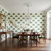 SUNSET BOULEVARD Green | Thibaut Wallcoverings - Dining Room Visualization (AI-generated, may not be to scale. Verify pattern scale with product specifications.)