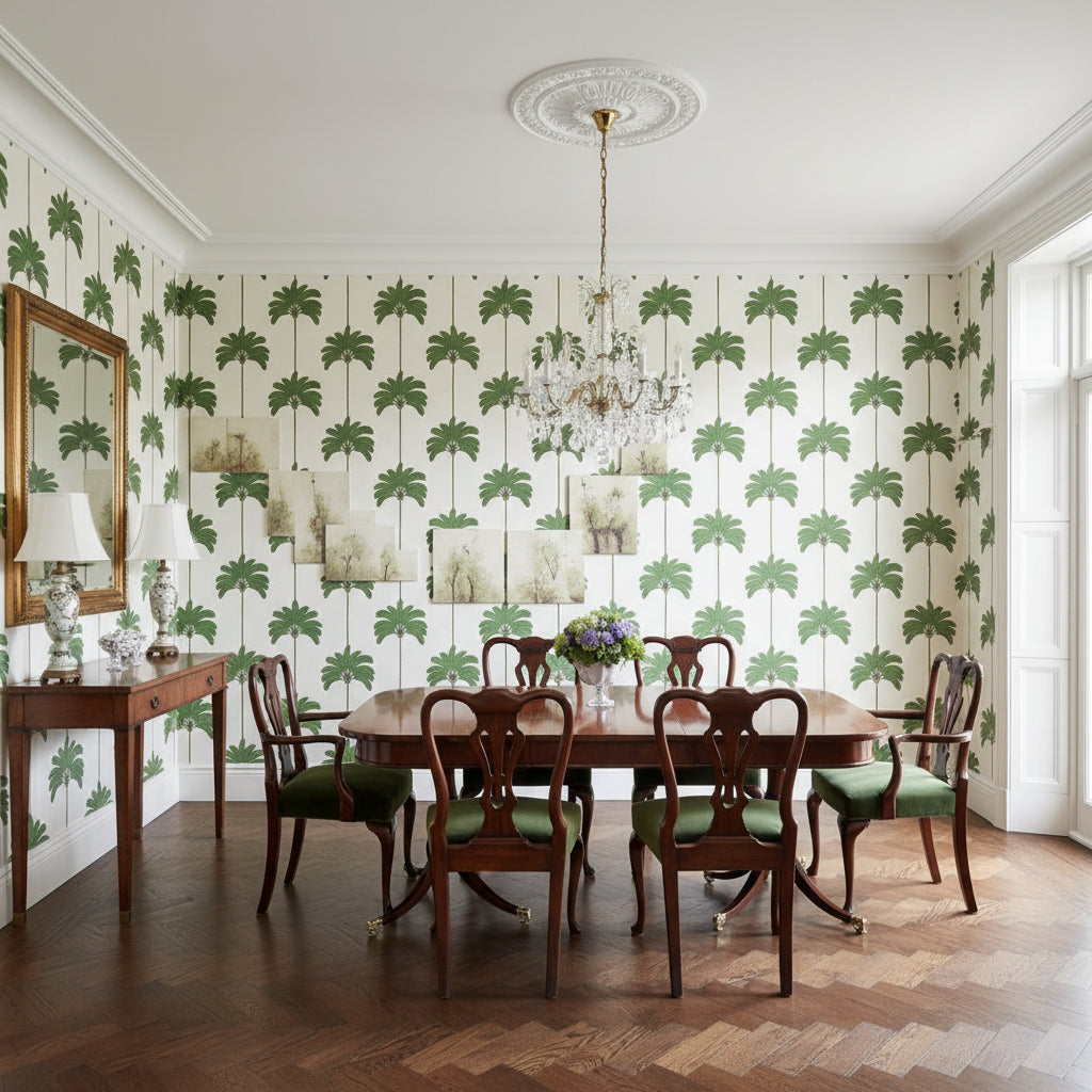 SUNSET BOULEVARD Green | Thibaut Wallcoverings - Dining Room Visualization (AI-generated, may not be to scale. Verify pattern scale with product specifications.)