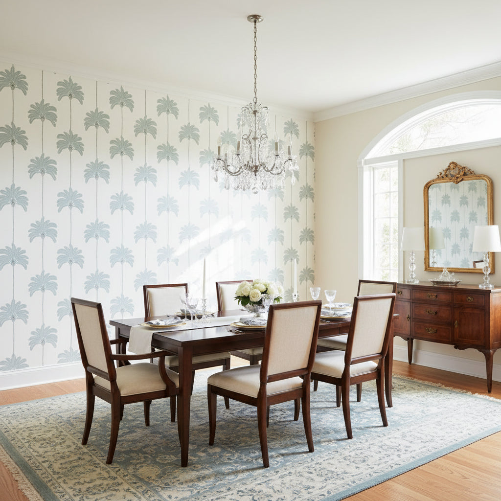 SUNSET BOULEVARD Spa Blue | Thibaut Wallcoverings - Dining Room Visualization (AI-generated, may not be to scale. Verify pattern scale with product specifications.)