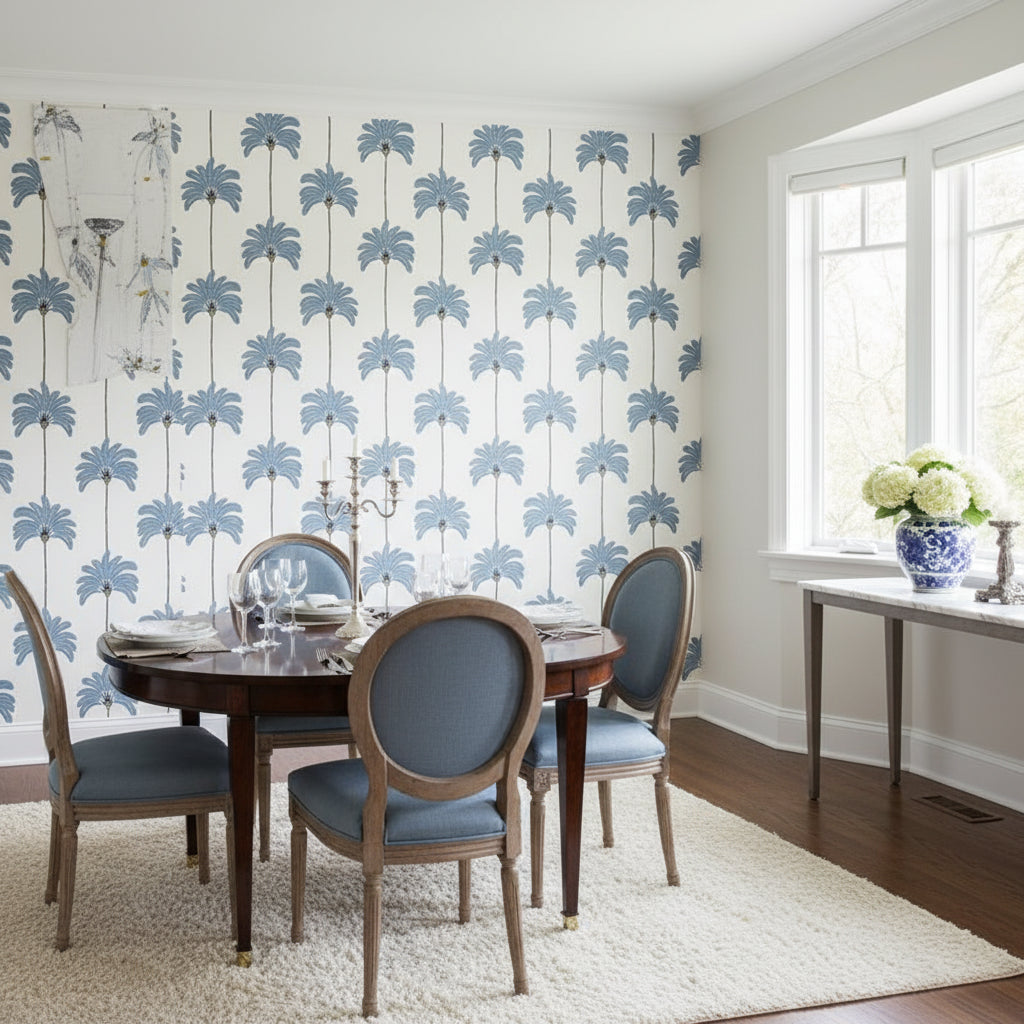 SUNSET BOULEVARD Blue | Thibaut Wallcoverings - Dining Room Visualization (AI-generated, may not be to scale. Verify pattern scale with product specifications.)
