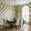 SUNSET BOULEVARD Beige | Thibaut Wallcoverings - Dining Room Visualization (AI-generated, may not be to scale. Verify pattern scale with product specifications.)