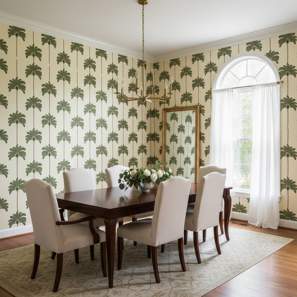 SUNSET BOULEVARD Beige | Thibaut Wallcoverings - Dining Room Visualization (AI-generated, may not be to scale. Verify pattern scale with product specifications.)