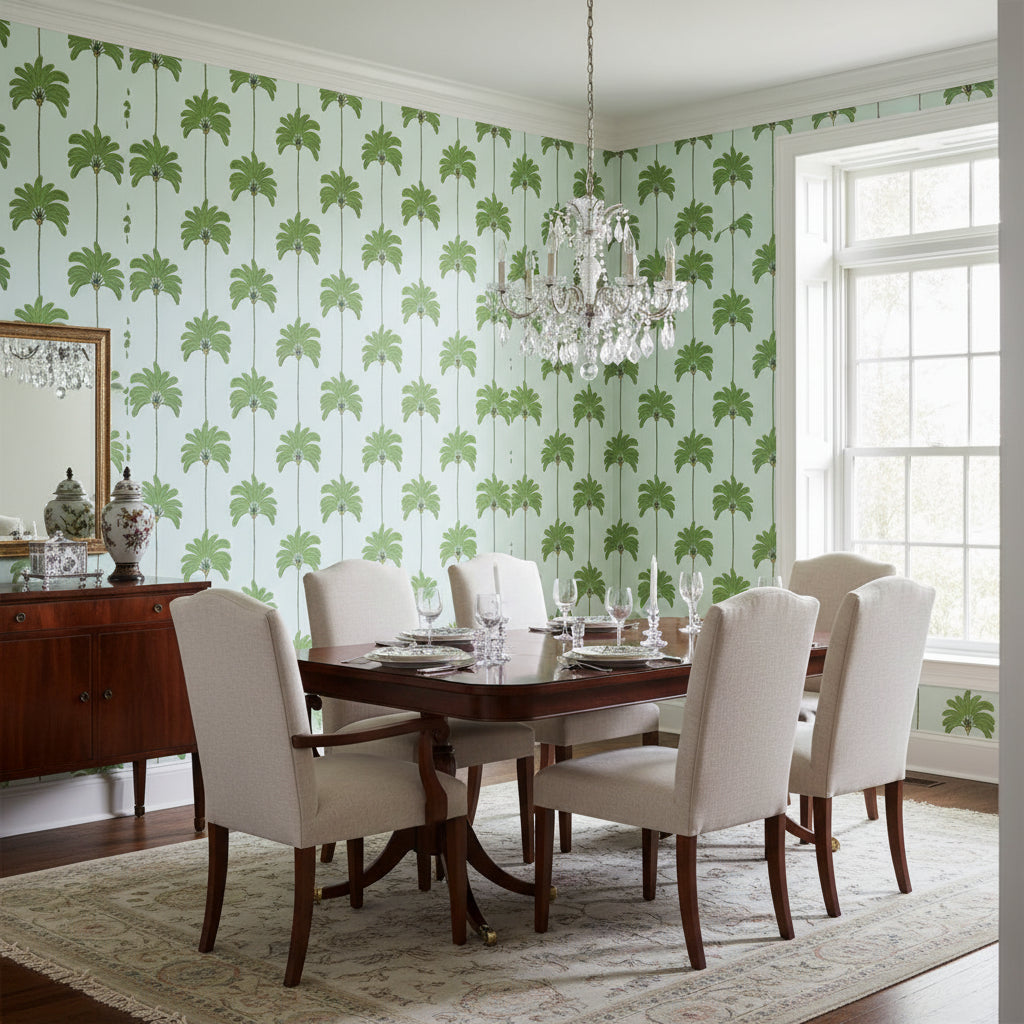 SUNSET BOULEVARD Green and Blue | Thibaut Wallcoverings - Dining Room Visualization (AI-generated, may not be to scale. Verify pattern scale with product specifications.)