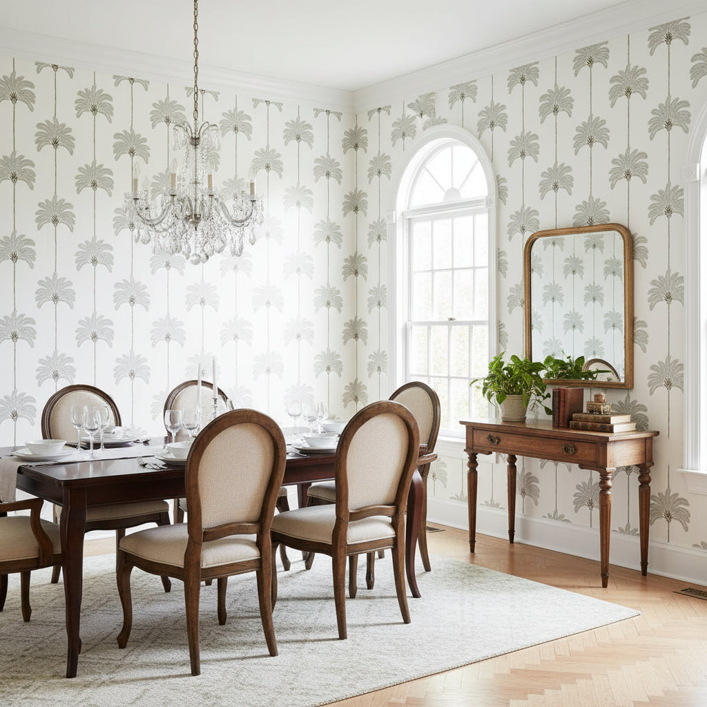 SUNSET BOULEVARD Metallic Silver | Thibaut Wallcoverings - Dining Room Visualization (AI-generated, may not be to scale. Verify pattern scale with product specifications.)