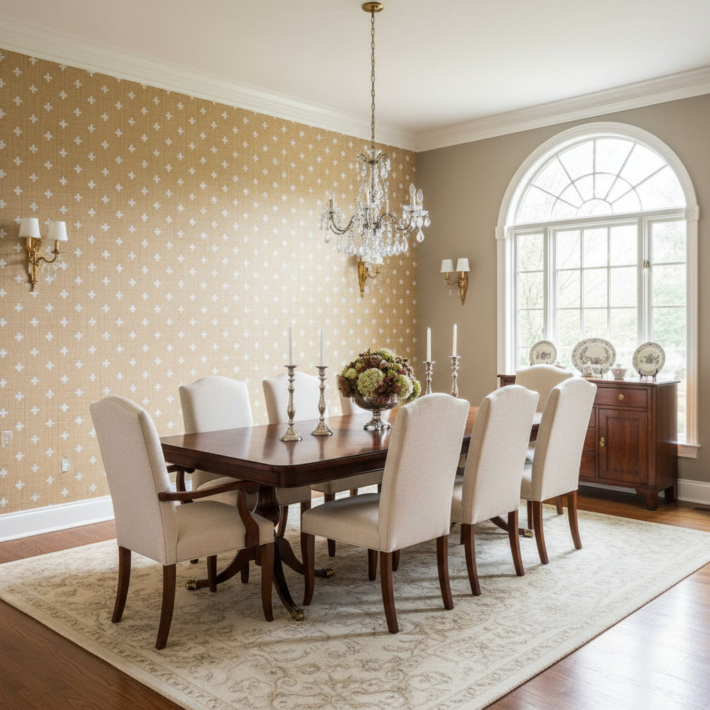 Bethany White on Natural | Thibaut Wallcoverings - Dining Room Visualization (AI-generated, may not be to scale. Verify pattern scale with product specifications.)