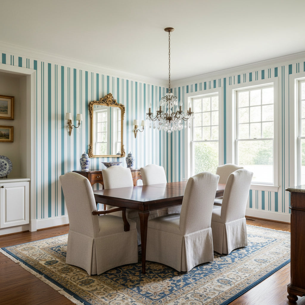 Maggie Stripe Teal | Thibaut Wallcoverings - Dining Room Visualization (AI-generated, may not be to scale. Verify pattern scale with product specifications.)