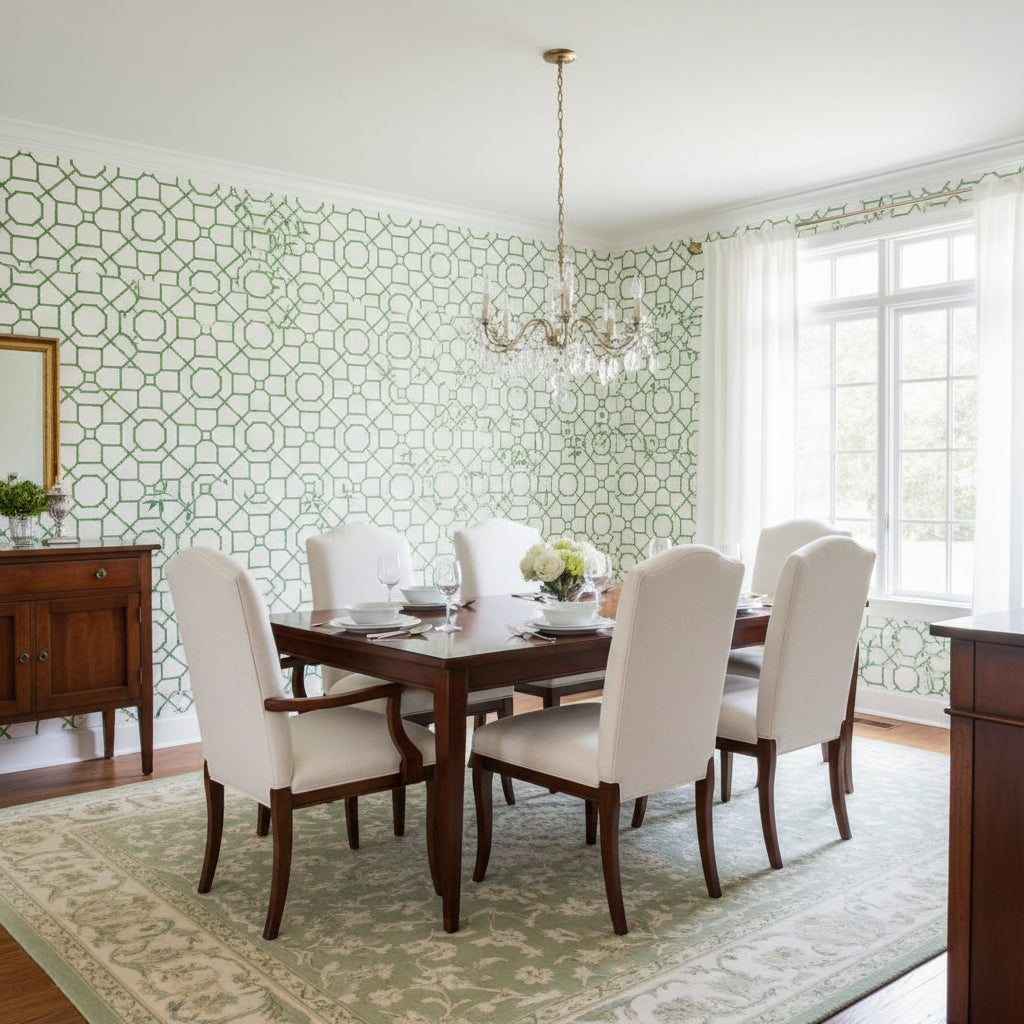 Arbor Emerald | Thibaut Wallcoverings - Dining Room Visualization (AI-generated, may not be to scale. Verify pattern scale with product specifications.)