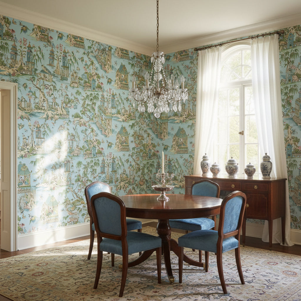 Grand Palace Spa Blue | Thibaut Wallcoverings - Dining Room Visualization (AI-generated, may not be to scale. Verify pattern scale with product specifications.)