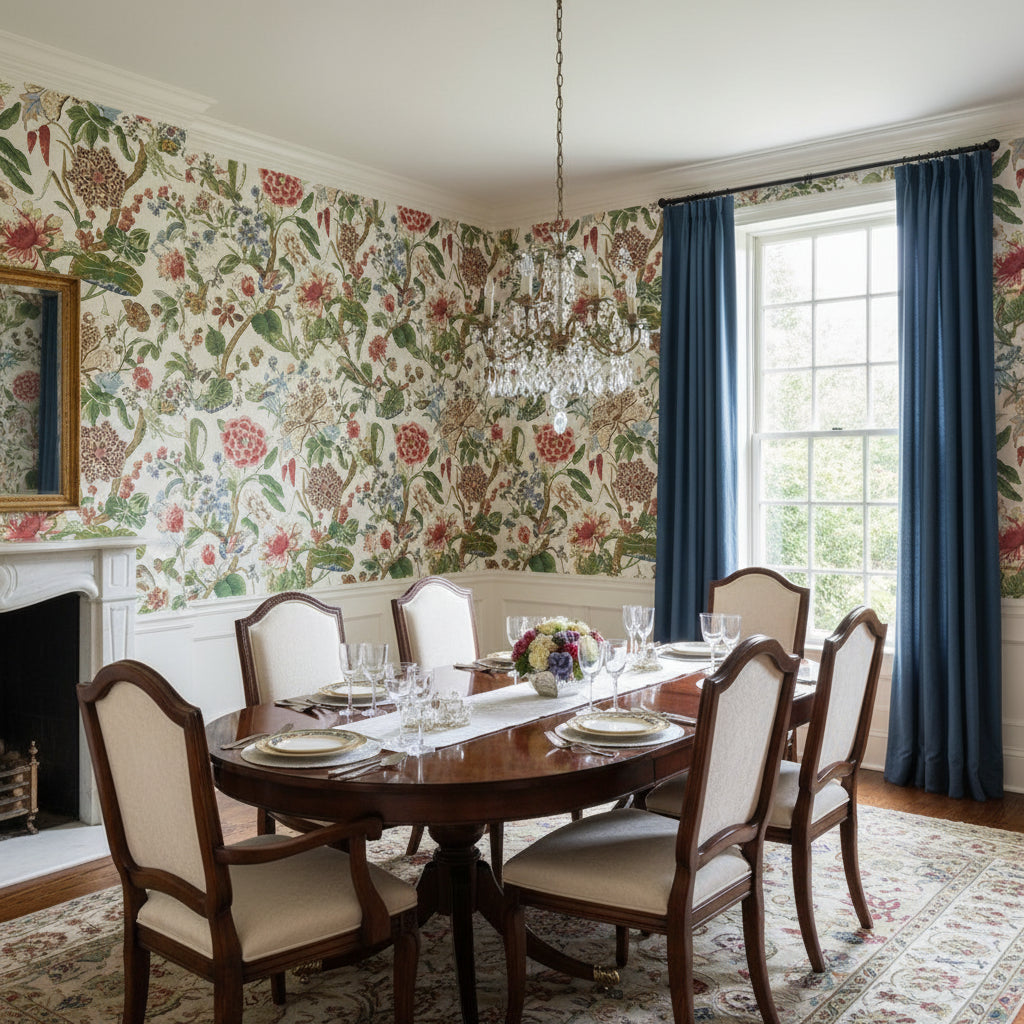 Hill Garden Flax | Thibaut Wallcoverings - Dining Room Visualization (AI-generated, may not be to scale. Verify pattern scale with product specifications.)