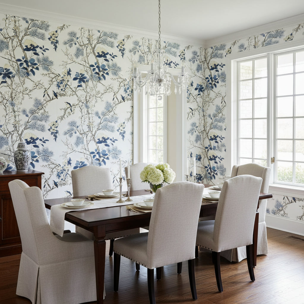 Katsura Blue and White | Thibaut Wallcoverings - Dining Room Visualization (AI-generated, may not be to scale. Verify pattern scale with product specifications.)