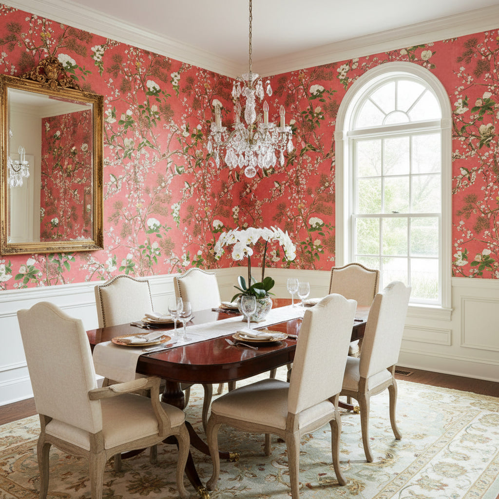 Katsura Coral | Thibaut Wallcoverings - Dining Room Visualization (AI-generated, may not be to scale. Verify pattern scale with product specifications.)