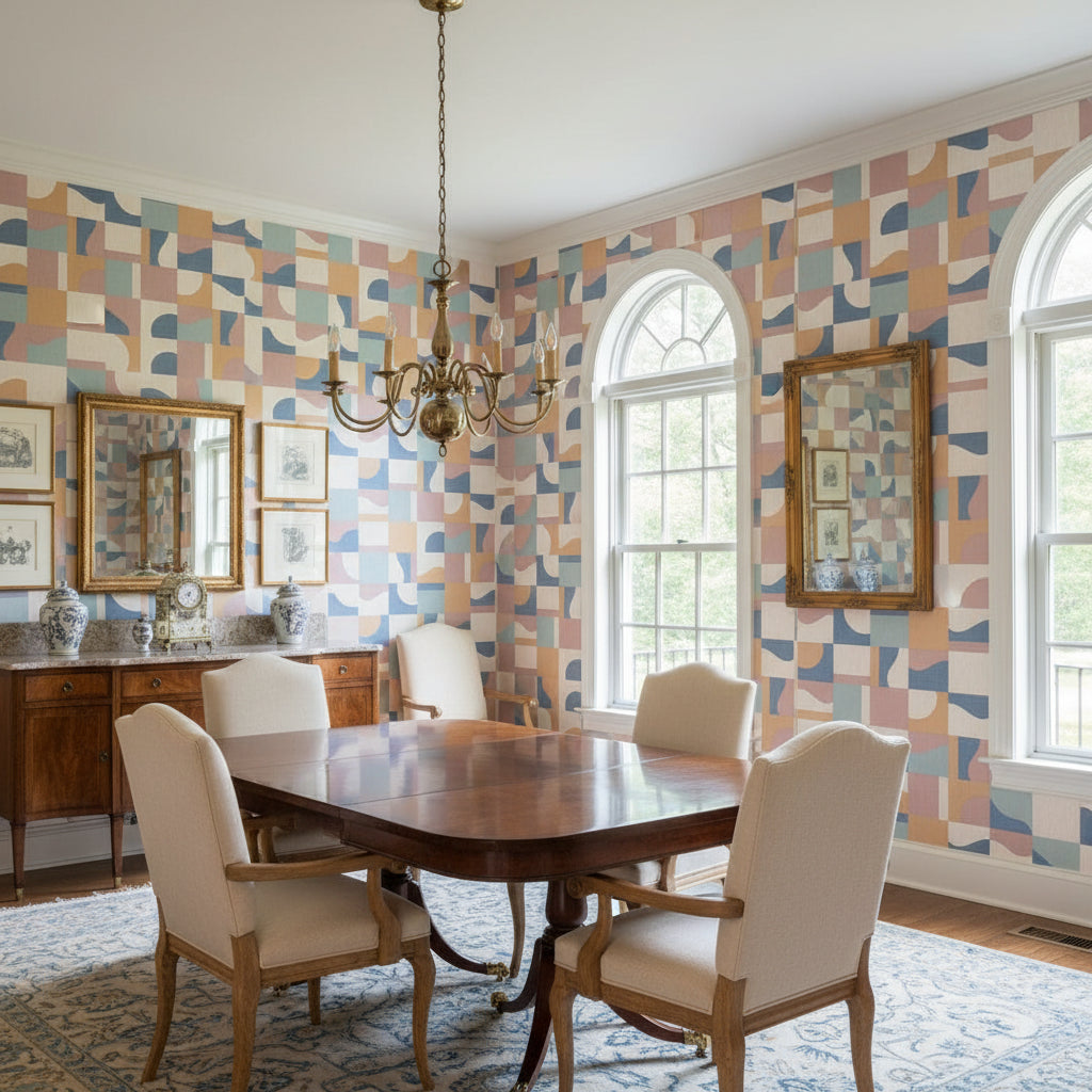 Colored Blocks Multi | Thibaut Wallcoverings - Dining Room Visualization (AI-generated, may not be to scale. Verify pattern scale with product specifications.)