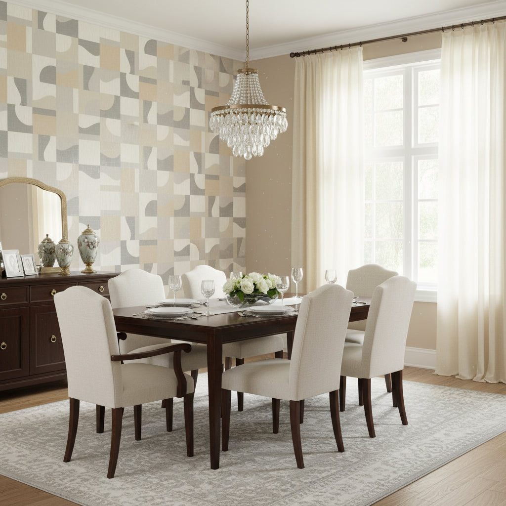 Colored Blocks Beige | Thibaut Wallcoverings - Dining Room Visualization (AI-generated, may not be to scale. Verify pattern scale with product specifications.)