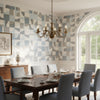 Colored Blocks Blue | Thibaut Wallcoverings - Dining Room Visualization (AI-generated, may not be to scale. Verify pattern scale with product specifications.)