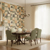 Colored Blocks Green | Thibaut Wallcoverings - Dining Room Visualization (AI-generated, may not be to scale. Verify pattern scale with product specifications.)