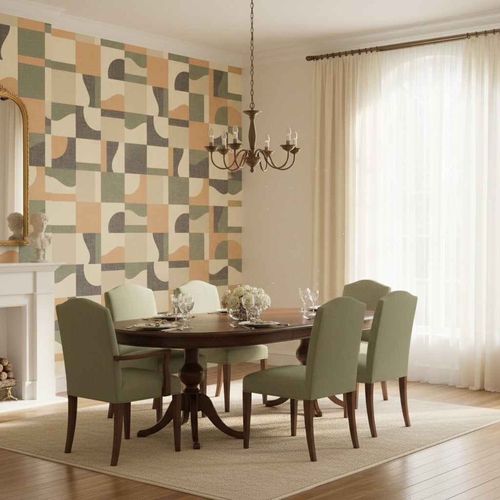 Colored Blocks Green | Thibaut Wallcoverings - Dining Room Visualization (AI-generated, may not be to scale. Verify pattern scale with product specifications.)