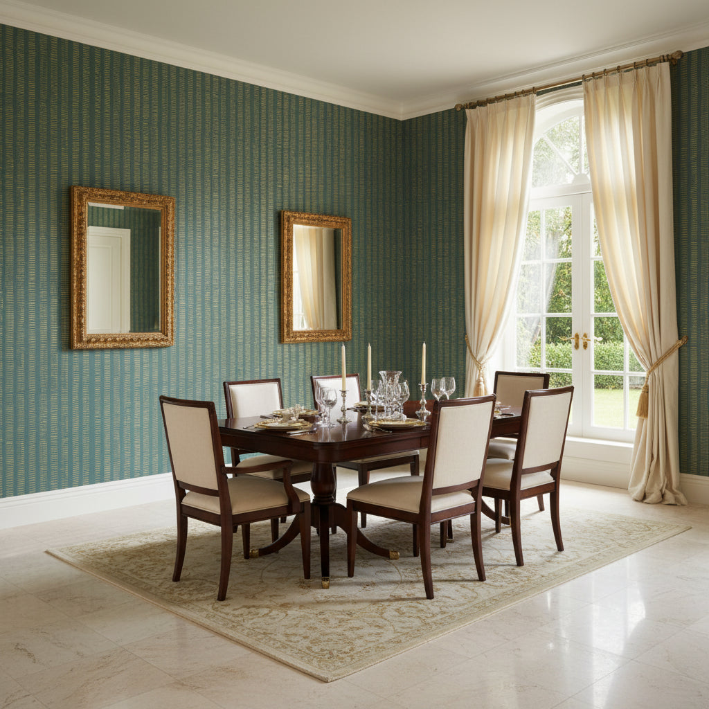 Cork Forest Olive Green | Thibaut Wallcoverings - Dining Room Visualization (AI-generated, may not be to scale. Verify pattern scale with product specifications.)
