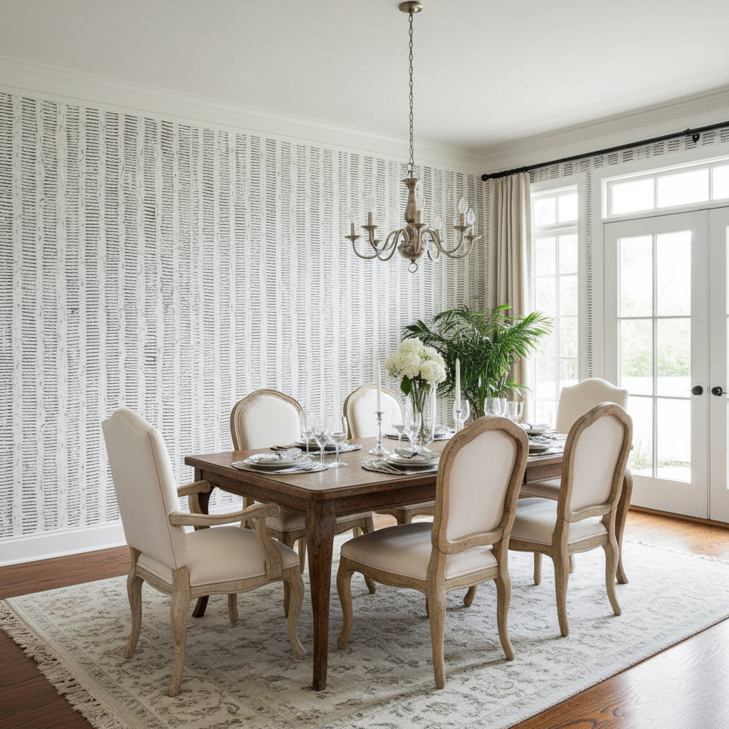 Cork Forest Black and White | Thibaut Wallcoverings - Dining Room Visualization (AI-generated, may not be to scale. Verify pattern scale with product specifications.)