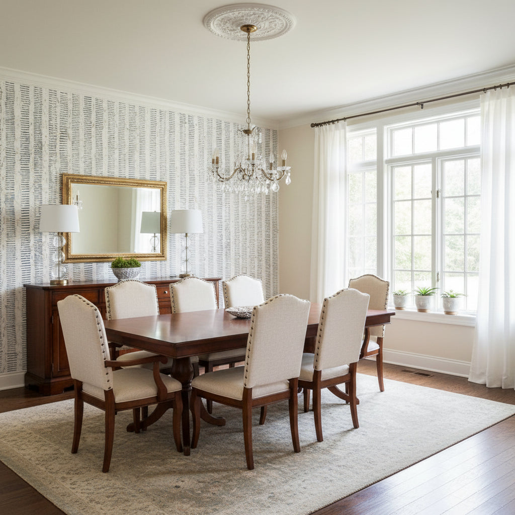 Cork Forest Navy and White | Thibaut Wallcoverings - Dining Room Visualization (AI-generated, may not be to scale. Verify pattern scale with product specifications.)