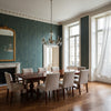 Cork Forest Peacock Blue | Thibaut Wallcoverings - Dining Room Visualization (AI-generated, may not be to scale. Verify pattern scale with product specifications.)
