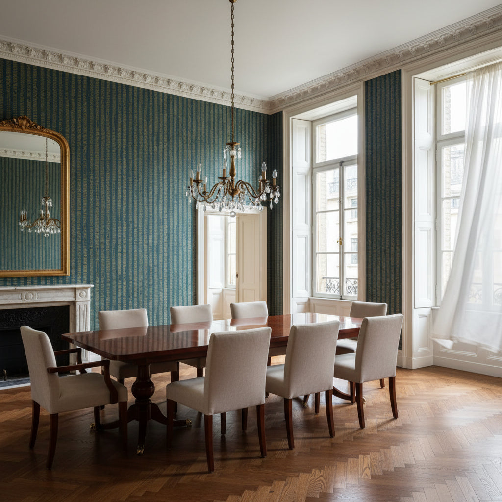 Cork Forest Peacock Blue | Thibaut Wallcoverings - Dining Room Visualization (AI-generated, may not be to scale. Verify pattern scale with product specifications.)