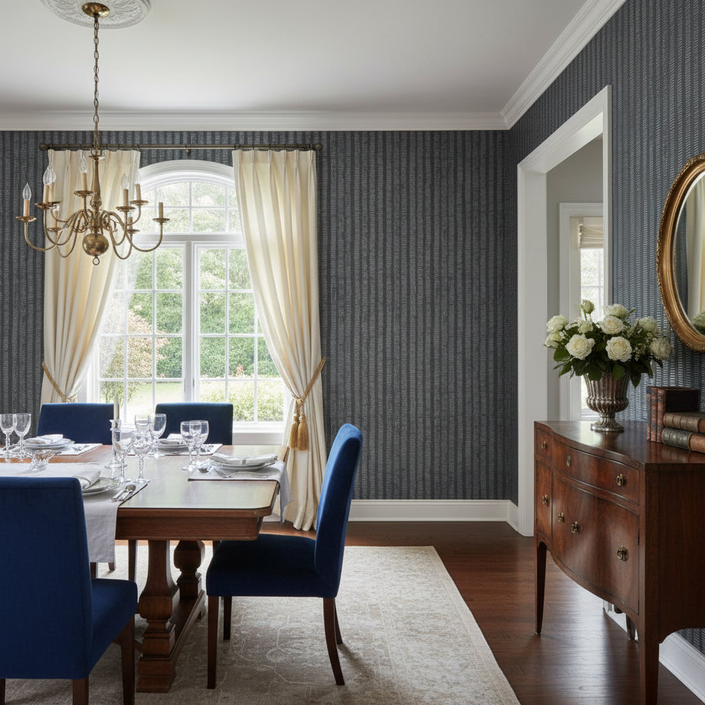 Cork Forest Charcoal | Thibaut Wallcoverings - Dining Room Visualization (AI-generated, may not be to scale. Verify pattern scale with product specifications.)