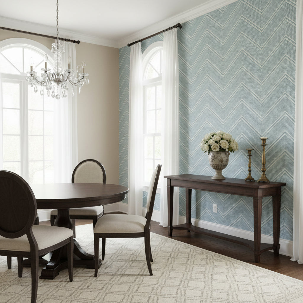 Elevation Navy and Aqua | Thibaut Wallcoverings - Dining Room Visualization (AI-generated, may not be to scale. Verify pattern scale with product specifications.)
