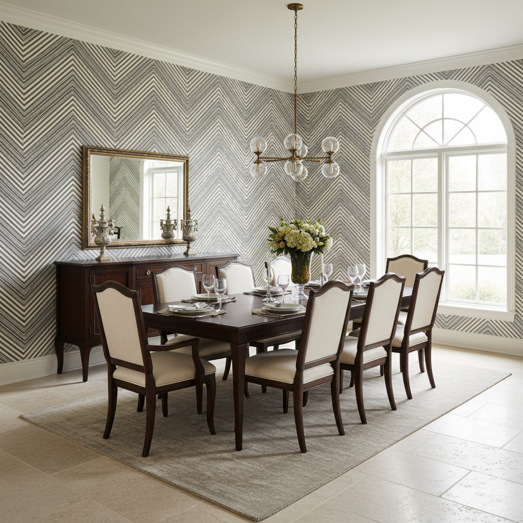 Elevation Black and Grey | Thibaut Wallcoverings - Dining Room Visualization (AI-generated, may not be to scale. Verify pattern scale with product specifications.)