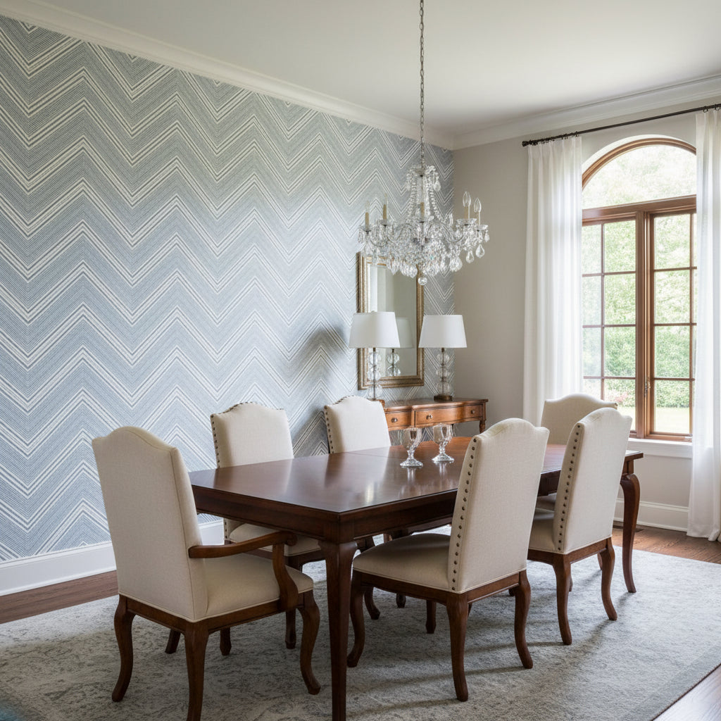Elevation Blue and White | Thibaut Wallcoverings - Dining Room Visualization (AI-generated, may not be to scale. Verify pattern scale with product specifications.)