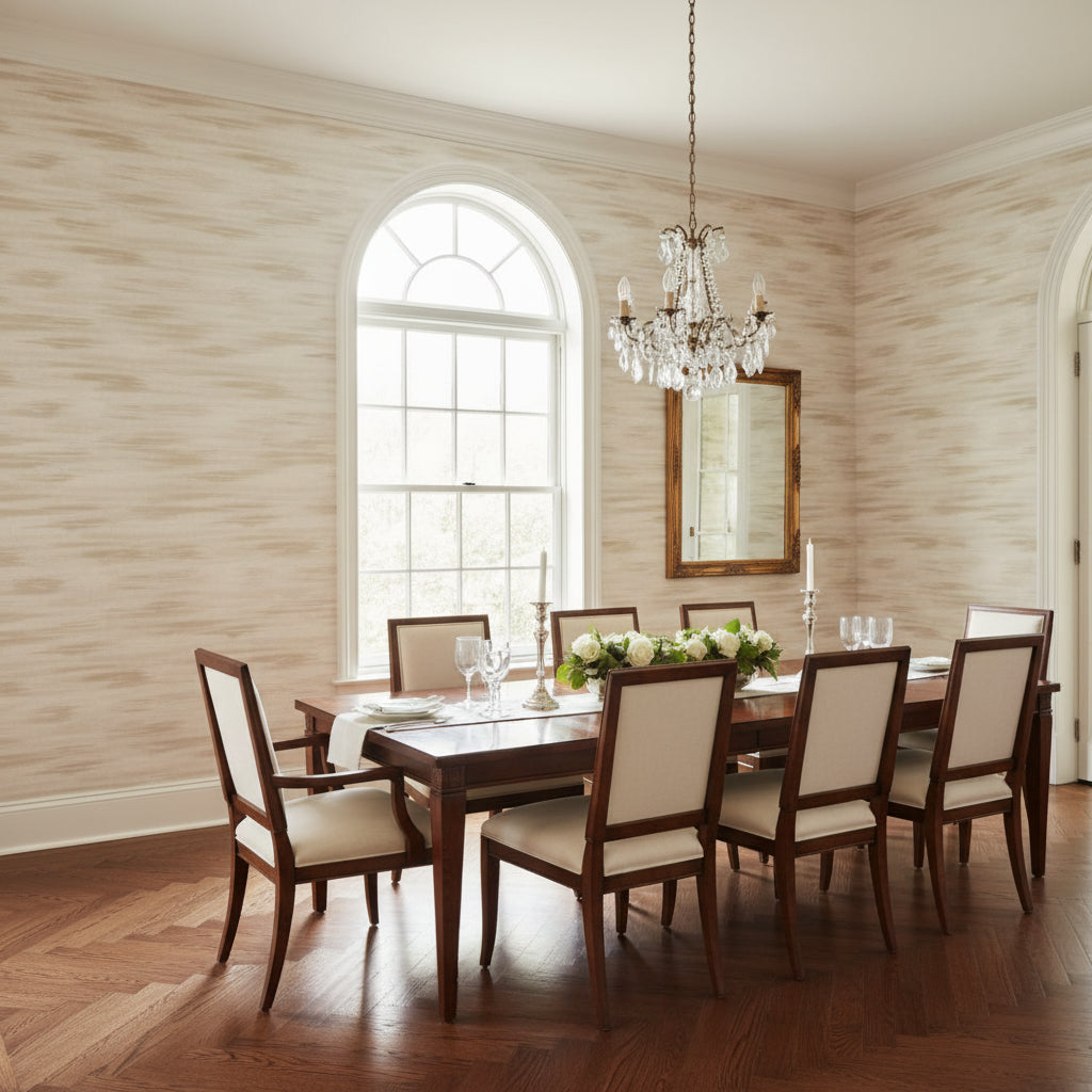 Equinox Beige | Thibaut Wallcoverings - Dining Room Visualization (AI-generated, may not be to scale. Verify pattern scale with product specifications.)