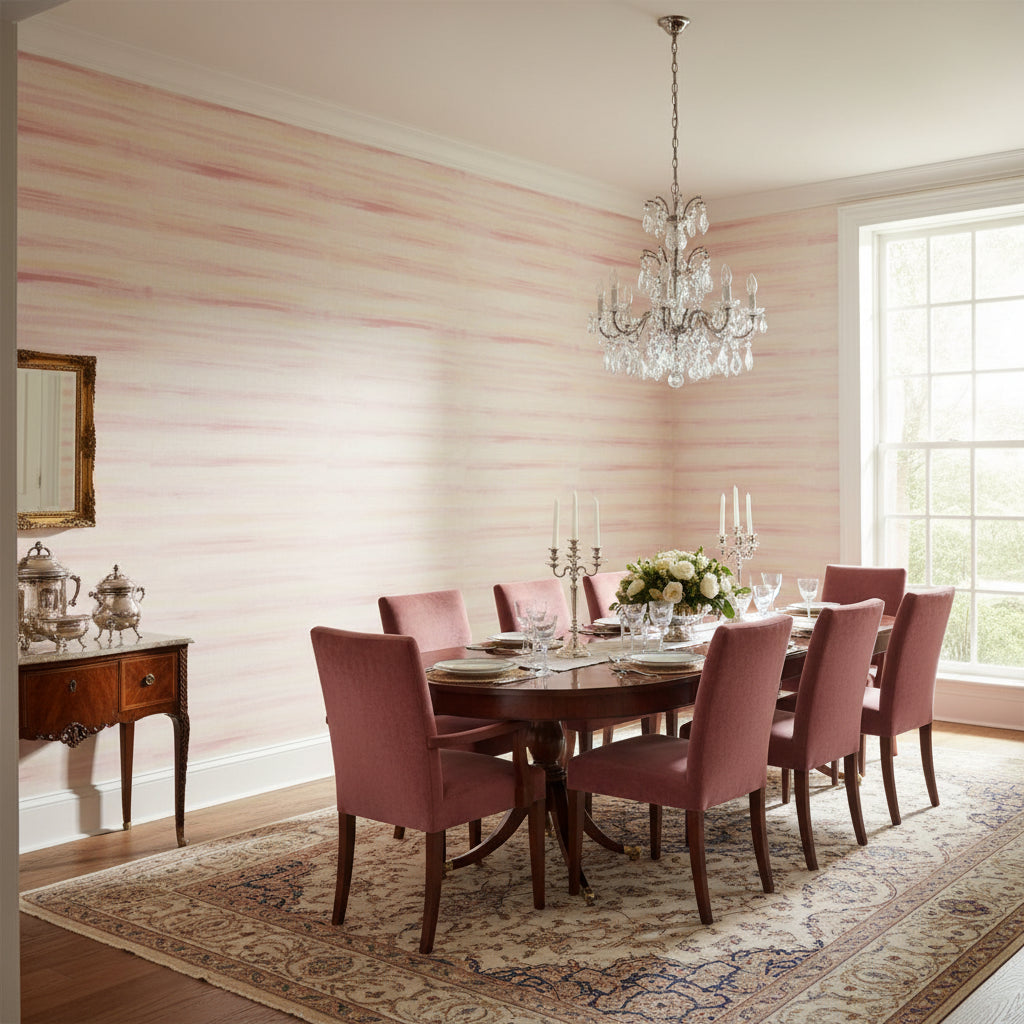 Equinox Pink and Yellow | Thibaut Wallcoverings - Dining Room Visualization (AI-generated, may not be to scale. Verify pattern scale with product specifications.)
