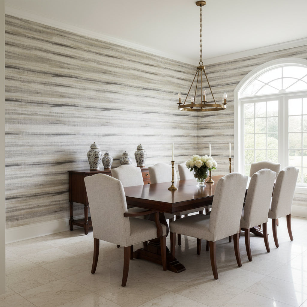 Equinox Black | Thibaut Wallcoverings - Dining Room Visualization (AI-generated, may not be to scale. Verify pattern scale with product specifications.)