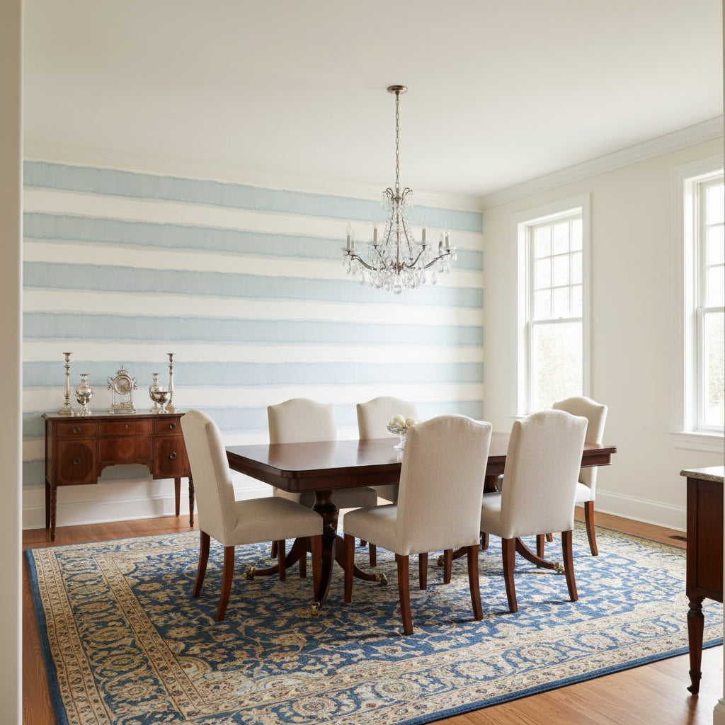 Mizu Stripe Spa Blue | Thibaut Wallcoverings - Dining Room Visualization (AI-generated, may not be to scale. Verify pattern scale with product specifications.)
