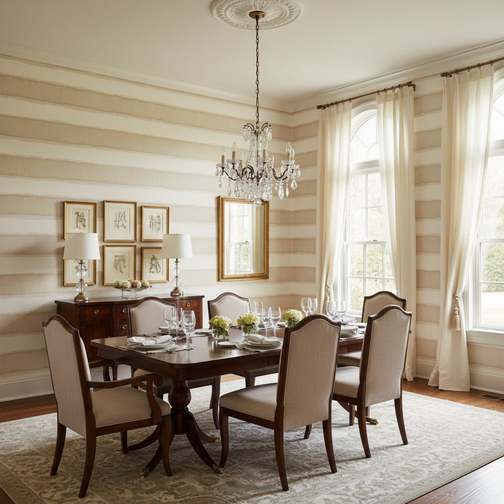 Mizu Stripe Wheat | Thibaut Wallcoverings - Dining Room Visualization (AI-generated, may not be to scale. Verify pattern scale with product specifications.)