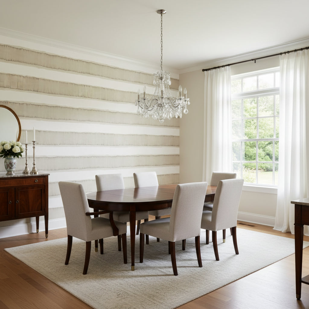 Mizu Stripe Taupe | Thibaut Wallcoverings - Dining Room Visualization (AI-generated, may not be to scale. Verify pattern scale with product specifications.)