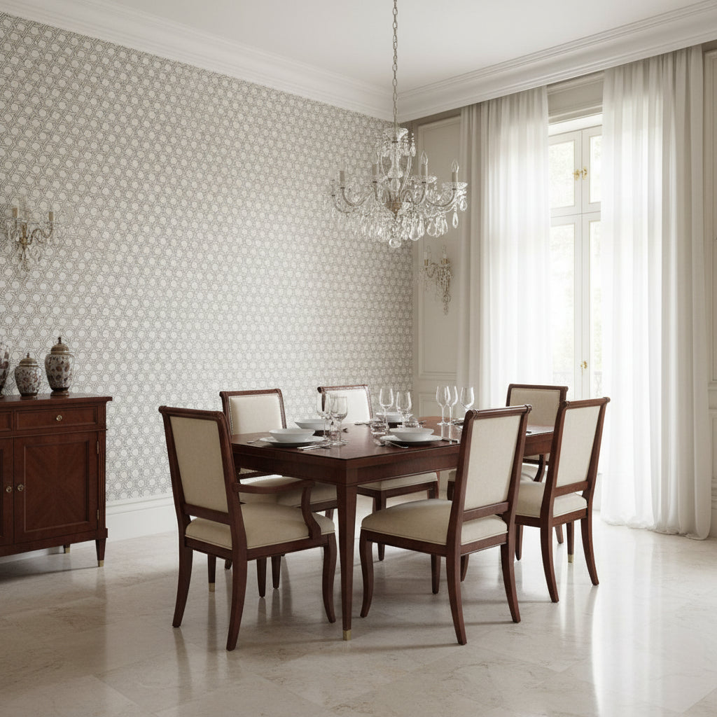 Pergola Black | Thibaut Wallcoverings - Dining Room Visualization (AI-generated, may not be to scale. Verify pattern scale with product specifications.)